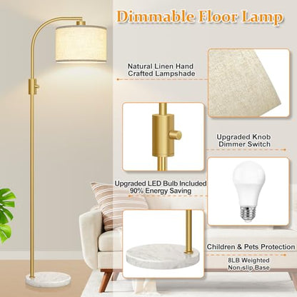 Nintiue Upgraded Modern Arc Dimmable Tall Standing Floor Lamp with Marble Base & Linen Shade, 1200 Lumens LED Bulb Included, for Living & Reading Room, Bedroom, Office & Nursery, Gold - color: Marble base & Gold