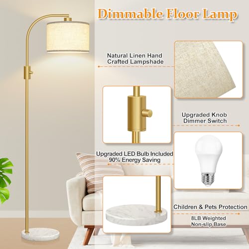 Nintiue Upgraded Modern Arc Dimmable Tall Standing Floor Lamp with Marble Base & Linen Shade, 1200 Lumens LED Bulb Included, for Living & Reading Room, Bedroom, Office & Nursery, Gold - color: Marble base & Gold