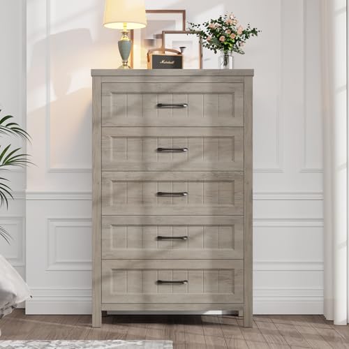 Jocoevol 5 Drawer Dresser for Bedroom - Farmhouse 44.9" Tall Chest of Dresser with Large Storage, Rubst Wood Construction for Living Room, Hallway & Entryway - Gray - color: Grey