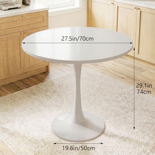 27.5" White Round Small Dining Table with MDF Top & Metal Pedestal Base | Fully Eco-Friendly Painted, Smooth Waterproof Surface, Modern Accent Table for Cafe & Home