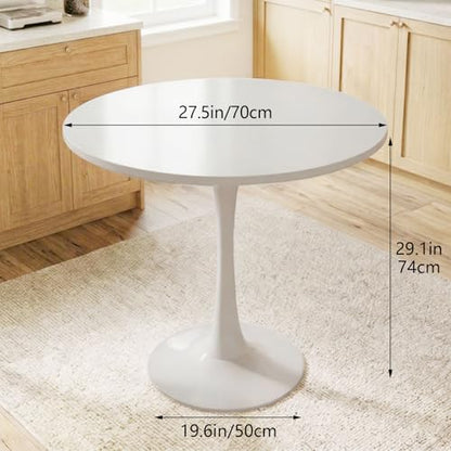 27.5" White Round Small Dining Table with MDF Top & Metal Pedestal Base | Fully Eco-Friendly Painted, Smooth Waterproof Surface, Modern Accent Table for Cafe & Home