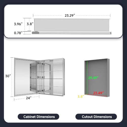 Medicine Cabinet Mirror 24"W x 30"H, Bathroom Beveled Edge Mirror Cabinet | Medicine Cabinets with Adjustable Glass Shelves, Soft-Closed Hinge, Chrome Aluminum Frame, Reverse Installation - size: 24" x 30"(Beveled)