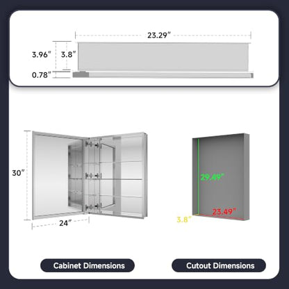 Medicine Cabinet Mirror 24"W x 30"H, Bathroom Beveled Edge Mirror Cabinet | Medicine Cabinets with Adjustable Glass Shelves, Soft-Closed Hinge, Chrome Aluminum Frame, Reverse Installation - size: 24" x 30"(Beveled)