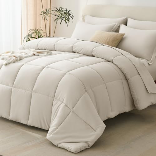 Queen Comforter Set, 7-Piece Bed in a Bag, Beige | OEKO-TEX Certified, Box-Stitched Design, 240 GSM Down Alternative Fill, All-Season Comfort, Sheets, Pillowcases & Shams - color: Beige, size: Queen(88"x88")