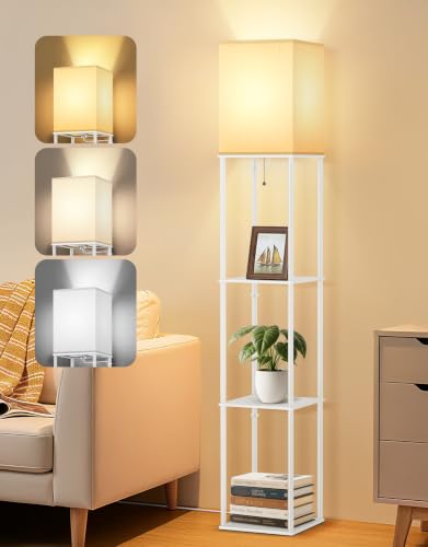 OUTON Floor Lamp with Shelves, Modern Square Standing Shelf Lamp, White | 3 Color Temperature Bulb, Storage Display Wood Column Tall Bookshelf Lamp for Living Room, Bedroom Office - color: White & Square