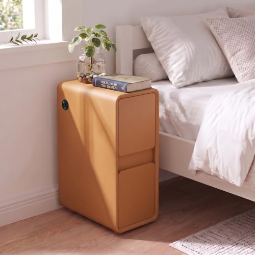 Modern Narrow Leather Nightstands Orange | Solid Wood Bedside Table with USB Charging Station, Small End Table with 2 Drawers for Bedroom Living Room - color: Orange, size: 8"