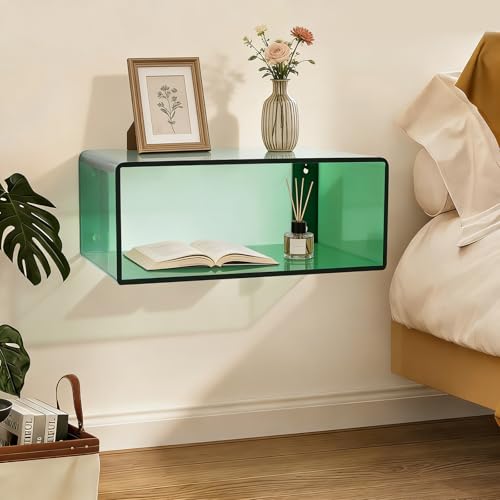 Acrylic Floating Nightstand, Green Wall Mounted Bedside Shelf Holds, Modern Night Stand for Bedroom, Living Room or Bathroom Decor