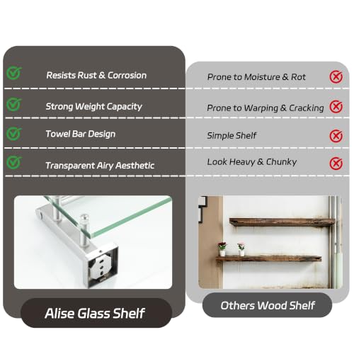 Alise Bathroom Shelf with Towel Bar, 20 Inch Brushed Nickel Glass Shelf | Floating Glass Shelves for Bathroom Wall, Tempered Glass, SUS304 Stainless Steel - color: Brushed Nickel, size: 20 In