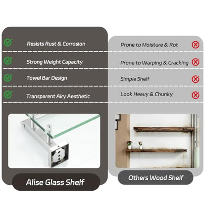 Alise Bathroom Shelf with Towel Bar, 20 Inch Brushed Nickel Glass Shelf | Floating Glass Shelves for Bathroom Wall, Tempered Glass, SUS304 Stainless Steel - color: Brushed Nickel, size: 20 In