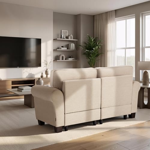 MCombo 67.7" Loveseat Sofa, 2-Seater Small Couch for Small Spaces, Classic Rolled Arm Upholstered Sofa with Solid Wood Legs for Living Room, Removable Cover, Chenille Fabric VE730 (Beige) - color: Beige