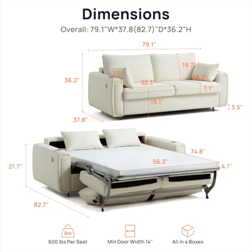 Pull Out Sofa Bed, No Cushion Removal, Queen Sleeper Sofa with USB Fast Charging, Memory Form Mattress, 2-in-1 Convertible Comfy Loveseat Couch Bed for RV, Apartment, and Small Spaces (White)