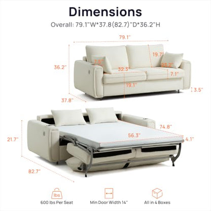 Pull Out Sofa Bed, No Cushion Removal, Queen Sleeper Sofa with USB Fast Charging, Memory Form Mattress, 2-in-1 Convertible Comfy Loveseat Couch Bed for RV, Apartment, and Small Spaces (White)