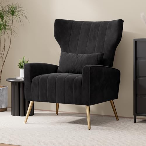 Nebuaegis Velvet Accent Chair Wingback for Living Room, High Back Arm Chair with Golden Legs Lumbar Pillow, Upholstered Single Sofa Bedroom Black - color: Black, size: Set of 1