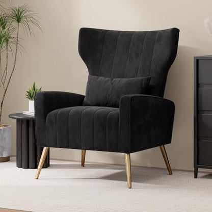 Nebuaegis Velvet Accent Chair Wingback for Living Room, High Back Arm Chair with Golden Legs Lumbar Pillow, Upholstered Single Sofa Bedroom Black - color: Black, size: Set of 1