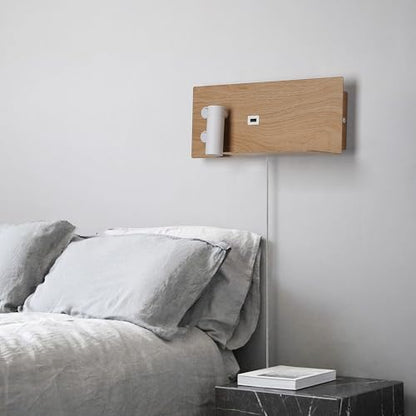 Modern LED Plug in Wall Sconce, Wall Light with Shelf and USB Charging Port, Rotatable Reading Spotlight & Soft Backlight, Plug-in or Hardwired Wall Lamp for Bedroom Bedside, Light Wood Grain Finish - size: 2-light Left Switch White