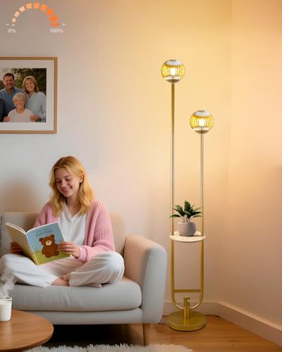 Lightdot Glass Floor Lamp with Tray Mid Century Modern Standing Lamps 3000K Warm White Bulbs Included Gold Dimmable Globe Floor Lamp with 5Lbs Heavy Base for Living Room/Wedding/Party//Sofa Beside - color: 2 Brown Globe-Gold