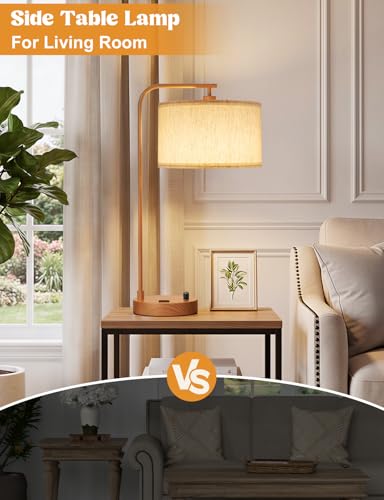 Innqoo Wood Table Lamp for Bedroom with USB Port and Outlet, Dimmable Nightstand Bedside Lamps with Linen Lampshade, Desk Lamp for Home Office, Living Room, Guest Room, LED Bulb Included - color: F-Beige Shade & Wood Base