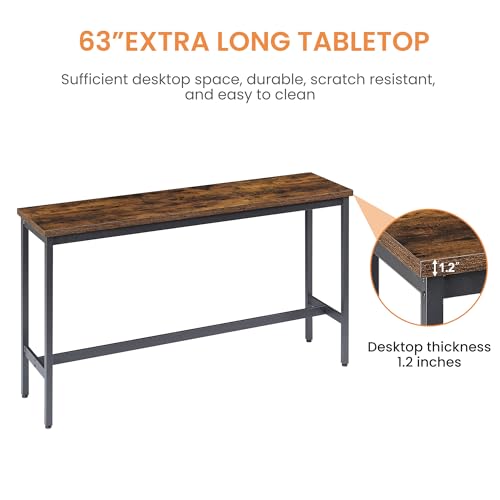 63” Long Bar Table Set for 3, Counter Height Industrial Pub Table with 3 PU Upholstered Bar Stools, Space-Saving Kitchen Breakfast Table and Chairs for Small Spaces, Rustic Brown and Black - color: Rustic Brown, style: Long bar table with stools/bar table