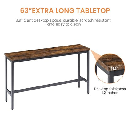 63” Long Bar Table Set for 3, Counter Height Industrial Pub Table with 3 PU Upholstered Bar Stools, Space-Saving Kitchen Breakfast Table and Chairs for Small Spaces, Rustic Brown and Black - color: Rustic Brown, style: Long bar table with stools/bar table