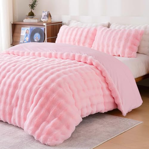 Fluffy Pink Duvet Cover Twin Set, Soft Shaggy Plush Rabbit Bedding Set 2 Pieces (1 Fuzzy Comforter Cover + 1 Faux Fur Pillow Cases) Bed Set, Zipper Closure（Pink, Twin） - color: Pink, size: Twin