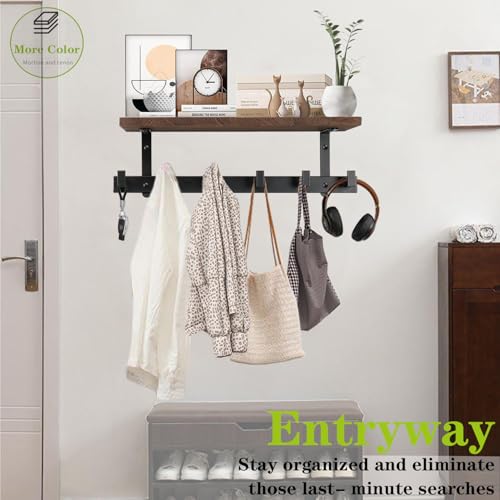 Coat Rack Wall Mounted with Shelf, Heavy Duty Wall Hooks with Wood Shelves Coat Hooks for Hanging Clothes Hats Towel Purse, Entryway Shelves with 6 Hooks for Bathroom (Dark Brown)