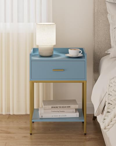 Masupu Nightstand,Bedside Table 3-Tier Modern Night Stand with Storage Drawer and Shelf,Small End Side Table for Bedroom,Living Room,Black (Without Outlet, Blue) - color: Blue
