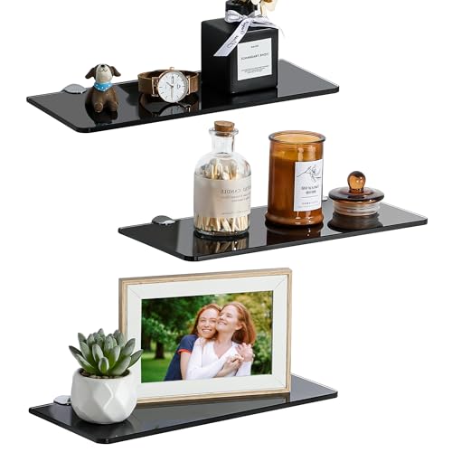SAYAYO Glass Floating Shelves for Wall, Tempered Glass Shelves for Bathroom | Living Room, Bedroom, Office, Toilet, Kitchen Decor, 12 Inch Set of 3, Black - color: Black, size: 3 PCS