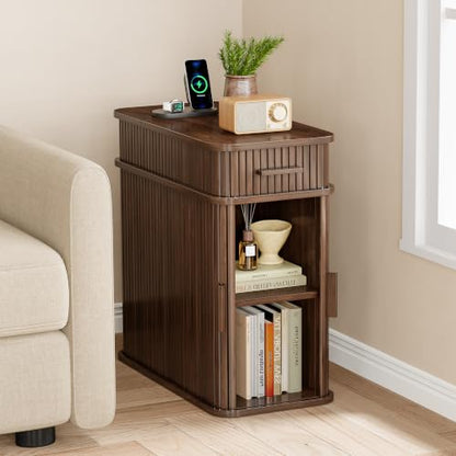 Fluted End Table with Charging Station, Narrow Side Table with Drawers, Wood Skinny Nightstand with Storage, Mid-Century Modern Bedside Tables for Small Space Living Room Bedroom Sofa Couch - color: Walnut