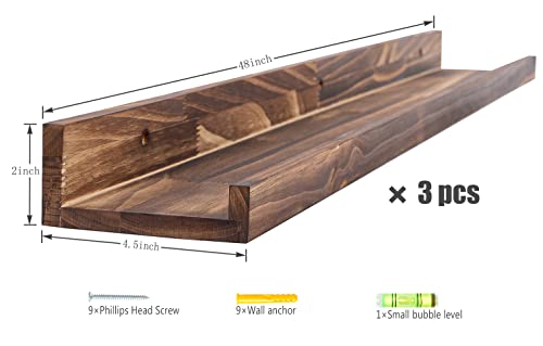 MBYD 48 Inch Picture Ledge Shelf Set of 3, Wall Mount Carbonized Burnt Black Floating Wall Shelves Photo Ledge Natutal Pine Wood for Bedroom, Living Room, Office, Kitchen, Bathroom Same Dimensions - color: Carbonized Black, size: Set of 3 48 in
