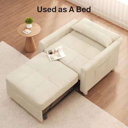 Convertible Sofa Bed, 3 in 1 Sleeper Chair for Small Space, Beige | Multi-Functional Sleeper Chair Bed, Adjustable Backrest Recliner with Modern Linen Fabric for Living Room/Bedroom/Apartment - color: Beige