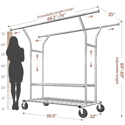 Raybee Heavy Duty Clothes Rack 630 LBS Capacity Double Rods Shelves Storage | 360°Lockable Wheels, Snap-on Design, Tool-free Assembly, Extendable Rods, Adjustable Height, Bedroom Wardrobe Closet Organize - color: Chrome