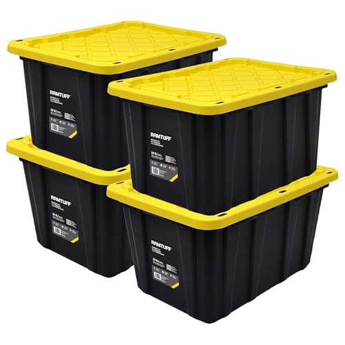 4 Pack Heavy Duty Stackable Storage Container with Snap-Tight Lid, Resistant To Weather Organization Tote, 27 Gallon, Black and Yellow - size: 4 pcs