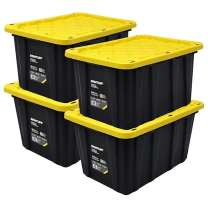 4 Pack Heavy Duty Stackable Storage Container with Snap-Tight Lid, Resistant To Weather Organization Tote, 27 Gallon, Black and Yellow - size: 4 pcs