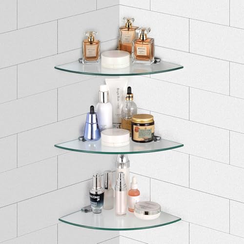 3 Pack Glass Corner Shower Shelves, Tempered Floating Glass Shelves Wall Mount, Shower Caddy Organizer, Bathroom Corner Shelf with Zinc Alloy Brackets for Bathroom, Kitchen, Living Room - size: 3 PACK Without Rail