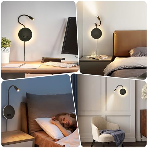 Wall Mounted Reading Light with USB & USB-C Charging Port, Plug-in LED Headboard Reading Light, with Ambient Lighting, Bedside Spot Wall Lamps with Flexible Gooseneck, Black Finished - color: Not Dimmable/Warm White/USB&USB-C