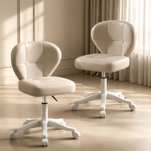 Small Office Chair with Lumbar Support, PU Leather Armless Swivel Desk Chair Adjustable Height, Compact Rolling Chair for Home Office, Bedroom, Study （White Set of 2） - color: White, size: Set of 2