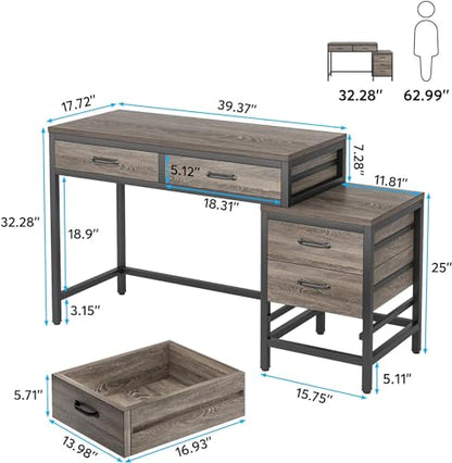 Tribesigns Computer Desk with 5 Drawers, Reversible Home Office Desks | Small Desk with Drawer Cabinet Printer Stand, PC Desk with Storage, Grey Study Writing Table Workstation for Small Spaces - color: Grey