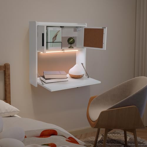 ARTETHYS Wall Mounted Desk Folding with Light Drop Down Hanging Desk | Multifunctional Fold Down Laptop Computer Table, Writing Workstation with Storage Compartments, Space Saving for Home - color: White
