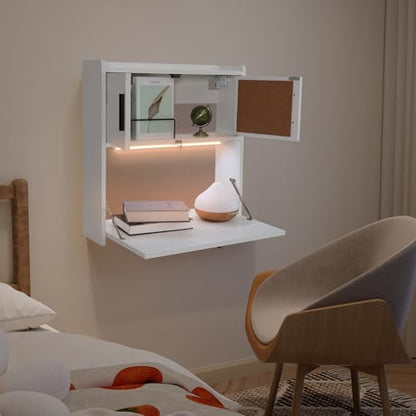 ARTETHYS Wall Mounted Desk Folding with Light Drop Down Hanging Desk | Multifunctional Fold Down Laptop Computer Table, Writing Workstation with Storage Compartments, Space Saving for Home - color: White