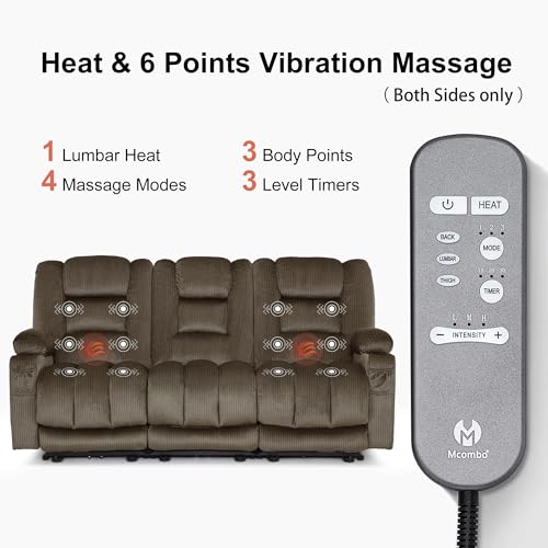 MCombo 82 in 3 Seater Reclining Sofa with Heat and Massage PR647 (Brown) | 155° Zero Gravity, Reclining Middle Seat, Dual Charging Ports, Cup Holders, FSC & OEKO Certified - color: Dark Brown, size: 3 Seater Recliner with Zero Gravity