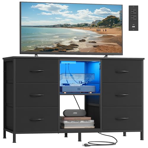 SONGMICS BELLAH Collection - TV Stand for TVs Up to 55 Inches, Dresser for Bedroom, Living Room, Chest of Drawers, Steel, 6 Drawers and 2 Shelves, Modern, Ink Black ULGS032B101S - color: Ink Black, size: 11.8"D x 44.8"W x 26.8"H (6 Drawers)