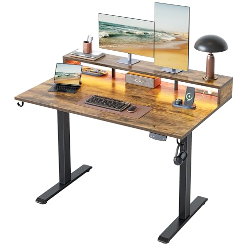 Klicelor Electric Standing Desk with Shelf, 48 Inch Height Adjustable Desk with Power Outlets & LED, Sit Stand Up Table with Monitor Stand, Computer Workstation for Home Office, Rustic Brown - color: Rustic Brown, size: 48 x 24 Inches with led and power s