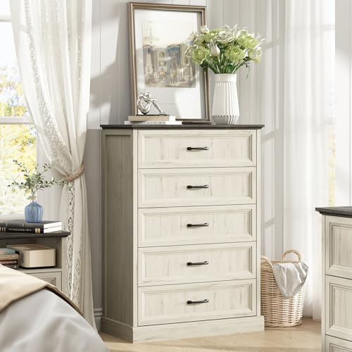 CARPETNAL Farmhouse 5 Drawer Dresser for Bedroom, 44" Tall White Dresser. | Wood Rustic Chest of Drawers with Wide Metal Handle,Drawer Organizer for Bedroom,Living Room,Hallway and Entryway - color: White, size: 16"D x 44"W x 31"H (5 Drawers)