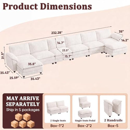 JUMMICO 232" Oversized Sectional Couch, Modular Cloud Sofa, White | Comfy Chenille, 2 Movable Ottoman, Deep Seat, Double Layer Cushion, 6 Seat, High-Density Foam, for Living Room - color: White, size: Oversized Sofa