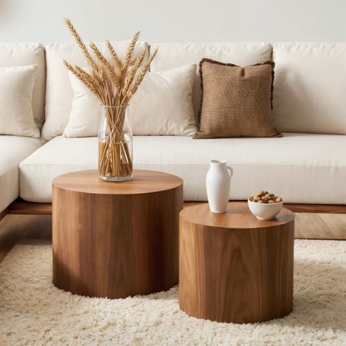 Nesting Coffee Table Set of 2, Modern Round Coffee Table with Non-Slip Feet, Walnut Wooden Circle Accent Tables for Small Spaces Living Room Bedroom Balcony Office Drum Side Table (Walnut) - color: Walnut