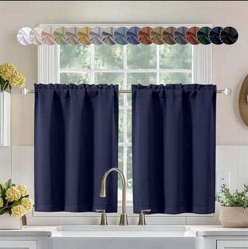 Aiyufeng Navy Blue Short 36 Inches Blackout Curtain 2 Panels Set, Half Window Rod Pocket Privacy Curtain Tiers for Kitchen, Curtains Blackout for Bathroom Shades, W40 x L36 Inch, Navy Blue - color: Navy Blue, size: 40"W x 36"L (Pack of 2)