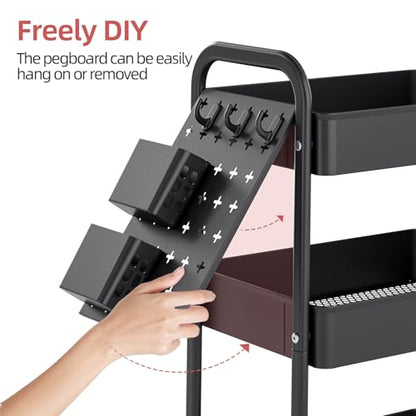 TOOLF Metal Rolling Storage Cart, 3-Tier Utility Mobile Cart with DIY Pegboards, Serving Trolley Cart with Baskets Hooks, for Kitchen, Bathroom, Office, Home, Classroom (Black) - color: Black
