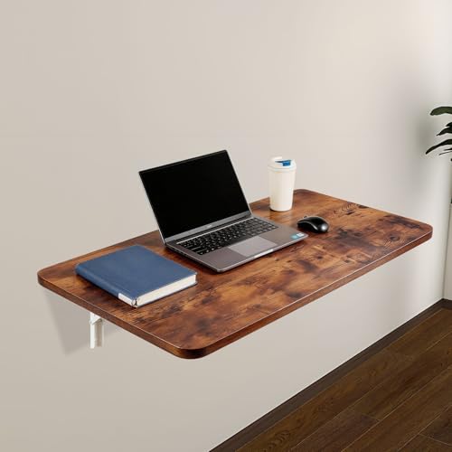 Neoaider Wall Mounted Folding Table 39.4”L x 19.7”W, Brown | Laundry Folding Table with Heavy Duty Metal Collapsible Shelf Brackets, Wall Mounted Desk Fold Down for Small Spaces - color: Brown, size: 39.4" x 19.7"