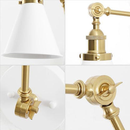JONATHAN Y Rover 1-Light Wall Sconce 7", White/Brass Gold, Set of 2 | Adjustable Arm, Hardwired Bedside Reading Swing Arm, Farmhouse Cone Shade, Metal Hardwired Indoor Fixture, LED Bulbs Included - color: White/Brass Gold, size: Set of 2