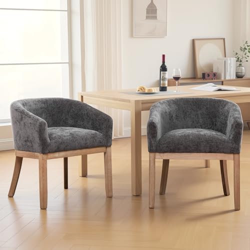 Modern Upholstered Barrel Dining Chair Set of 2, Natural Hardwood Frame, Farmhouse Linen Chairs for Dining Room, Kitchen(Grey) - color: Grey, size: Set of 2